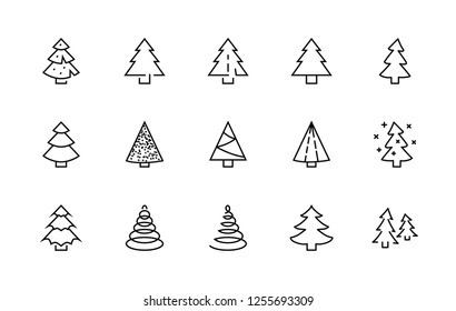 Christmas Tree thin line icon set. Stylized linear icons of artificial snow, spruce, present box fir. Editable Stroke. 32x32 Pixel Perfect