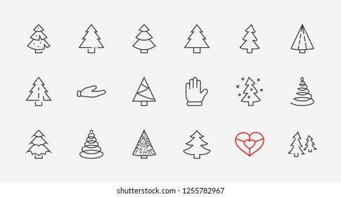Christmas Tree thin line icon set. Stylized linear icons of artificial snow, spruce, present box fir. Editable Stroke. 32x32 Pixel Perfect