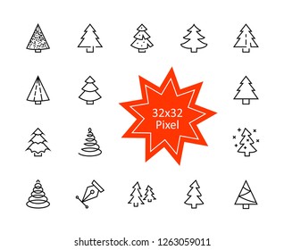Christmas Tree thin line icon set. Stylized linear icons of artificial snow, spruce, present box fir. Editable Stroke. 32x32 Pixel Perfect
