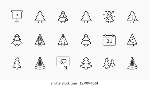 Christmas Tree thin line icon set. Stylized linear icons of artificial snow, spruce, present box fir. Editable Stroke. 32x32 Pixel Perfect