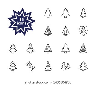Christmas Tree thin line icon set. Stylized linear icons of artificial snow, spruce, present box fir. Editable Stroke. 32x32 Pixel Perfect