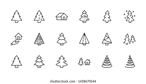 Christmas Tree Thin Line Icon Set. Stylized Linear Icons Of Artificial Snow, Spruce, Present Box Fir. Editable Stroke. 32x32 Pixel Perfect
