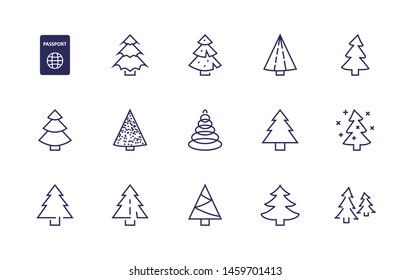 Das dünne Symbol des Weihnachtsbaumes wird gesetzt. Stilisierte lineare Symbole von künstlichem Schnee, Fichte, gegenwärtige Box Tanne. Bearbeitbarer Stroke. 32 x 32 Pixel perfekt