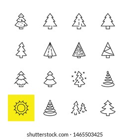 Christmas Tree thin line icon set. Stylized linear icons of artificial snow, spruce, present box fir. Editable Stroke. 32x32 Pixel Perfect