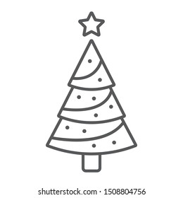 Christmas tree thin line icon, decor and new year, fir tree sign, vector graphics, a linear pattern on a white background, eps 10.