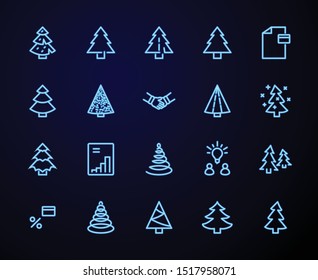 Christmas Tree thin line icon set. Blue Neon Stylized linear icons of artificial snow, spruce, present box fir. Editable Stroke. 32x32 Pixel Perfect.