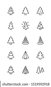 Christmas Tree thin line icon set. Stylized linear icons of artificial snow, spruce, present box fir. Editable Stroke. 32x32 Pixel Perfect.