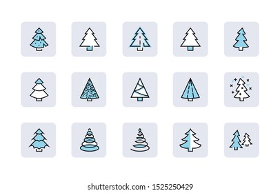 Christmas Tree thin line icon set. Stylized linear icons of artificial snow, spruce, present box fir. Editable Stroke. 32x32 Pixel Perfect.