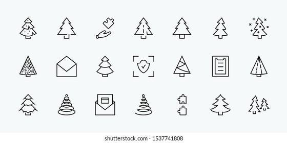 Christmas Tree thin line icon set. Stylized linear icons of artificial snow, spruce, present box fir. Editable Stroke. 32x32 Pixel Perfect.