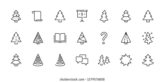Christmas Tree thin line icon set. Stylized linear icons of artificial snow, spruce, present box fir. Editable Stroke. 32x32 Pixel Perfect.