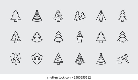 Christmas Tree thin line icon set. Stylized linear icons of artificial snow, spruce, present box fir. Editable Stroke. 32x32 Pixel Perfect.