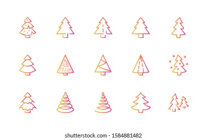 Christmas Tree thin line icon set. Stylized linear icons of artificial snow, spruce, present box fir. Editable Stroke. 32x32 Pixel Perfect