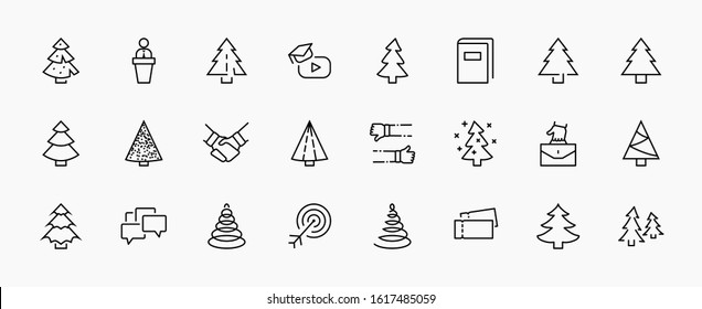 Christmas Tree thin line icon set. Stylized linear icons of artificial snow, spruce, present box fir. Editable Stroke. 32x32 Pixel Perfect