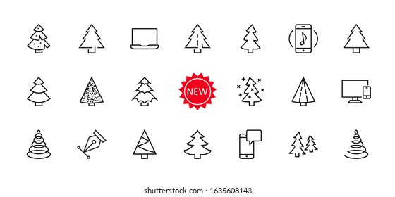 Christmas Tree thin line icon set. Stylized linear icons of artificial snow, spruce, present box fir. Editable Stroke. 32x32 Pixels