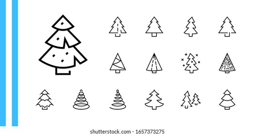 Christmas Tree thin line icon set. Stylized linear icons of artificial snow, spruce, present box fir. Editable Stroke. 32x32 Pixels