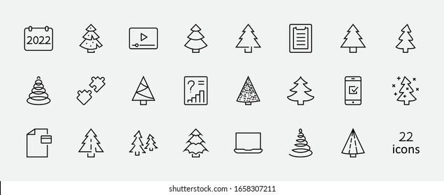 Christmas Tree thin line icon set. Stylized linear icons of artificial snow, spruce, present box fir. Editable Stroke. 32x32 Pixels