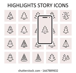 Christmas Tree thin line icon set. Stylized linear icons of artificial snow, spruce, present box fir. Editable Stroke. 32x32 Pixels