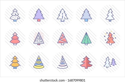Christmas Tree thin line icon set. Stylized linear icons of artificial snow, spruce, present box fir. Editable Stroke. 32x32 Pixel Perfect