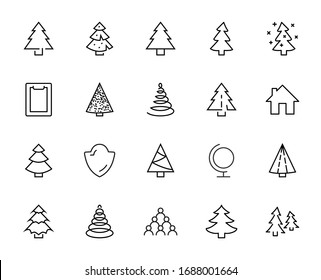 Christmas Tree Thin Line Icon Set. Stylized Linear Icons Of Artificial Snow, Spruce, Present Box Fir. Editable Stroke. 32x32 Pixels