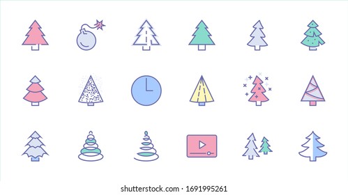 Christmas Tree thin line icon set. Stylized linear icons of artificial snow, spruce, present box fir. Editable Stroke. 32x32 Pixel Perfect