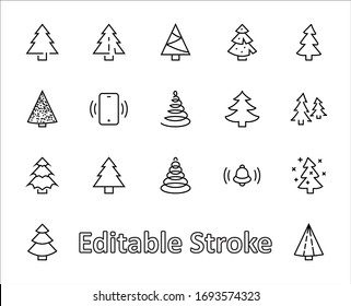 Christmas Tree Thin Line Icon Set. Stylized Linear Icons Of Artificial Snow, Spruce, Present Box Fir. Editable Stroke. 32x32 Pixels