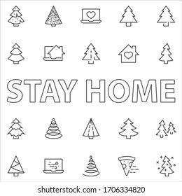 Christmas Tree thin line icon set. Stylized linear icons of artificial snow, spruce, present box fir. Editable Stroke. 32x32 Pixels