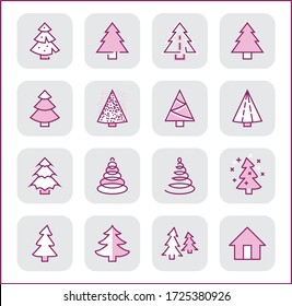Christmas Tree thin line icon set. Stylized linear icons of artificial snow, spruce, present box fir. Editable Stroke. 32x32 Pixel Perfect
