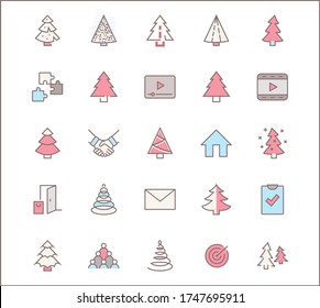 Christmas Tree thin line icon set. Stylized linear icons of artificial snow, spruce, present box fir. Editable Stroke. 32x32 Pixel Perfect
