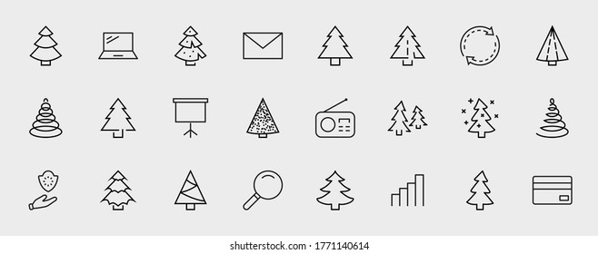 Christmas Tree thin line icon set. Stylized linear icons of artificial snow, spruce, present box fir. Editable Stroke. 32x32 Pixels