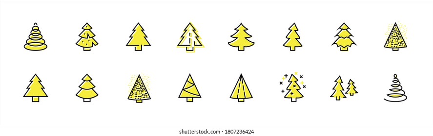 Juego de iconos de línea delgada del árbol de Navidad. Iconos lineales estilizados de nieve artificial, abeto, abeto presente. Stroke editable. 32x32 Perfecto para píxeles