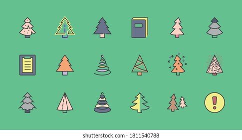 Christmas Tree thin line icon set. Stylized linear icons of artificial snow, spruce, present box fir. Editable Stroke. 32x32 Pixel Perfect