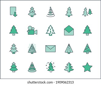 Christmas Tree thin line icon set. Stylized linear icons of artificial snow, spruce, present box fir. Editable Stroke. 32x32 Pixel Perfect