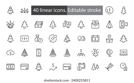 Christmas Tree thin line icon set. Stylized linear icons of artificial snow, spruce, present box fir. Editable Stroke. 32x32 Pixels