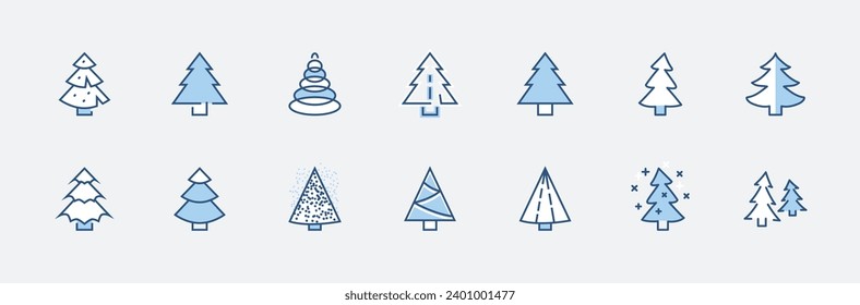 Christmas Tree thin line icon set. Stylized linear icons of artificial snow, spruce, present box fir. Editable Stroke. 32x32 Pixel Perfect.