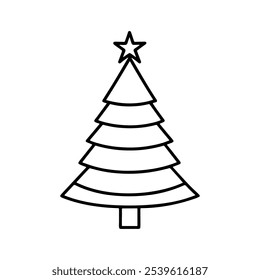Árbol de navidad delgado Vector de línea sobre fondo blanco.