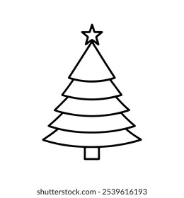 Árbol de navidad delgado Vector de línea sobre fondo blanco.