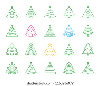 Christmas Tree thin line icons set. Outline monochrome web sign kit of stylized spruce. Fir Farm linear icon, fir xmas, pine. Simple christmas tree color contour symbol isolated. Vector Illustration