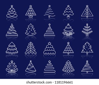 Christmas Tree thin line icons set. Outline web sign kit of stylized spruce. Fir Farm linear icon winter spruce, fir, pine. Simple christmas tree white contour symbol reflection. Vector Illustration