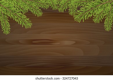 Christmas tree top frame on wood plank background. vector illustration. 