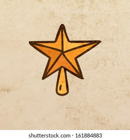 Christmas Tree Top. Golden Star. Cute Hand Drawn Vector illustration, Vintage Paper Texture Background