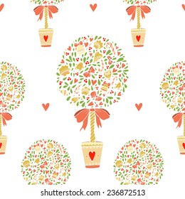 Christmas Tree tree topiary. Congratulations Merry Christmas and happy new year. Tree with bows, cookies, gingerbread, bells, hearts and red berries.