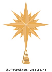 Christmas tree topper in shape of golden star. Flat vector illustration isolated on white background.  Winter holiday decoration.