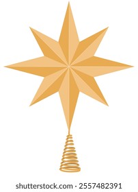 Christmas tree topper in shape of golden star. Flat vector illustration isolated on white background.  Winter holiday decoration.