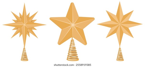 Christmas tree topper in shape of golden star. Flat vector illustration isolated on white background.  Winter holiday decoration.