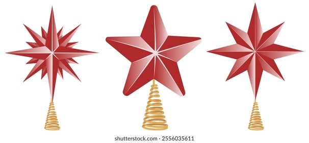 Christmas tree topper in the shape of red star. Flat vector illustration isolated on white background. Winter holiday decoration.