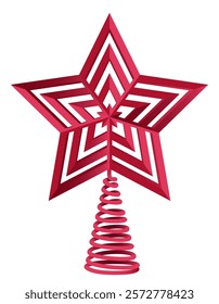 Christmas tree topper in the shape of red star. Flat vector illustration isolated on white background. Winter holiday decoration.