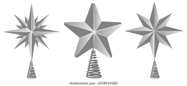 Christmas tree topper in the shape of silver star. Flat vector illustration isolated on white background. Winter holiday decoration.