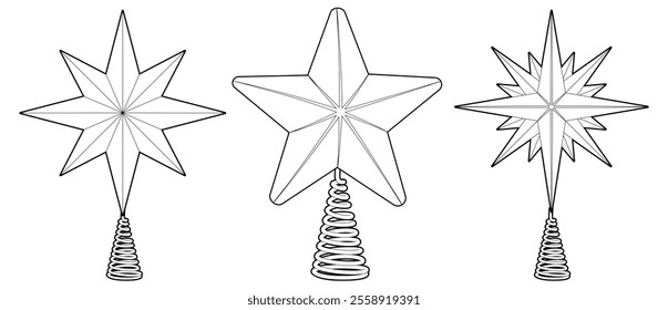 Christmas tree topper in shape of star. Flat vector illustration isolated on white background. Winter holiday decoration. Coloring page. Black line.