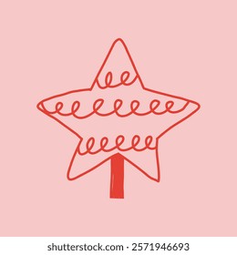 Christmas tree topper in shape of star in cute doodle style, vector illustration isolated on pink background. Hand drawn outline Christmas ornament decor.