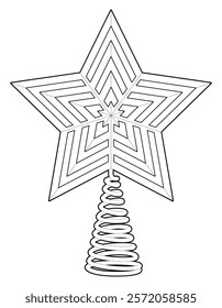 Christmas tree topper in shape of star. Flat vector illustration isolated on white background. Winter holiday decoration. Coloring page. Black line.